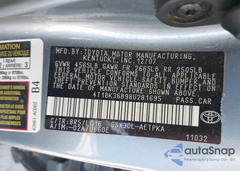 2008 Toyota Avalon Limited from USA, damaged, VIN 4T1BK36B98U281695